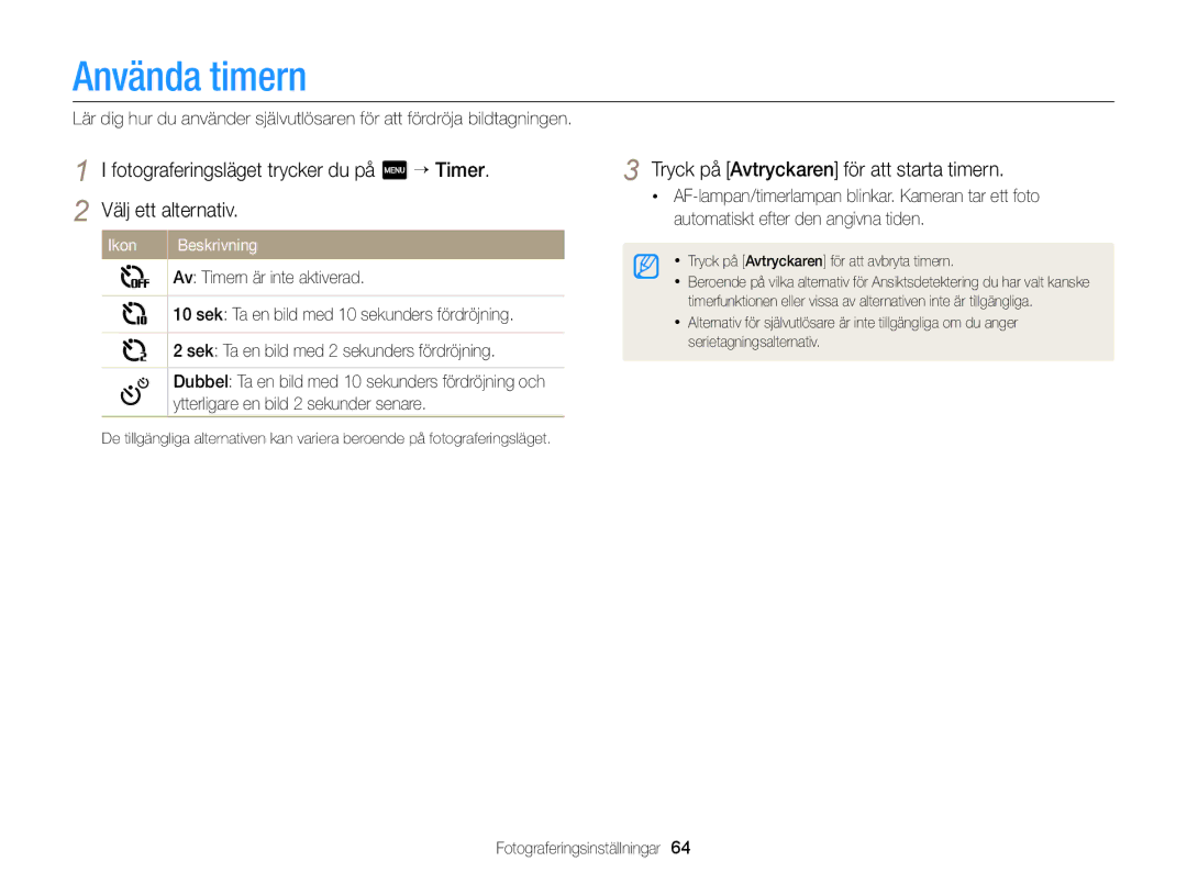 Samsung EC-MV900FBPWE2, EC-MV900FBPBE2 manual Använda timern, Tryck på Avtryckaren för att starta timern, Ikon 