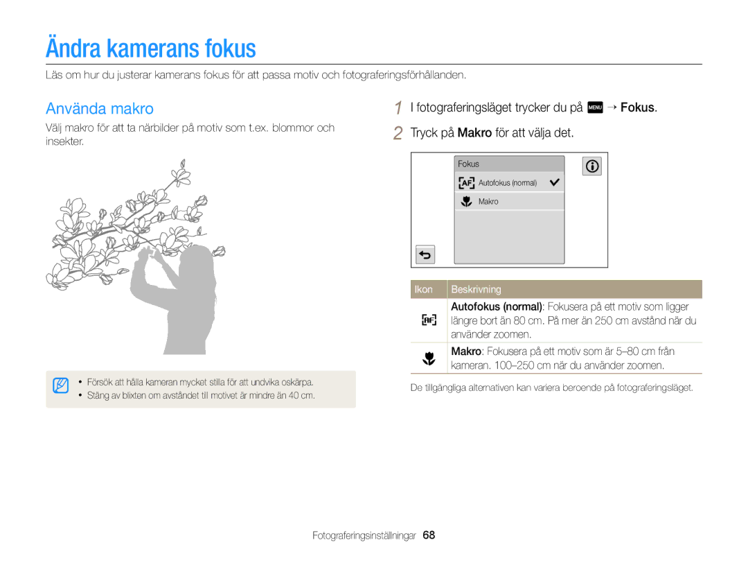 Samsung EC-MV900FBPWE2, EC-MV900FBPBE2 manual Ändra kamerans fokus, Använda makro 