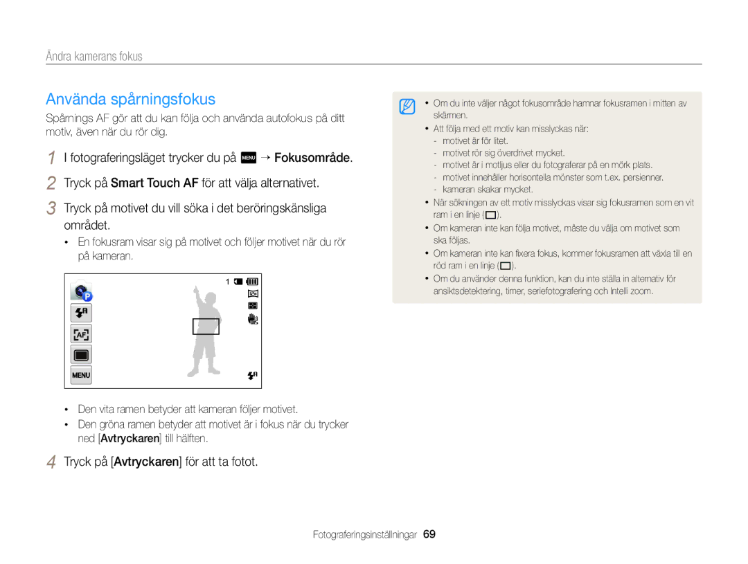 Samsung EC-MV900FBPBE2, EC-MV900FBPWE2 manual Använda spårningsfokus, Ändra kamerans fokus 