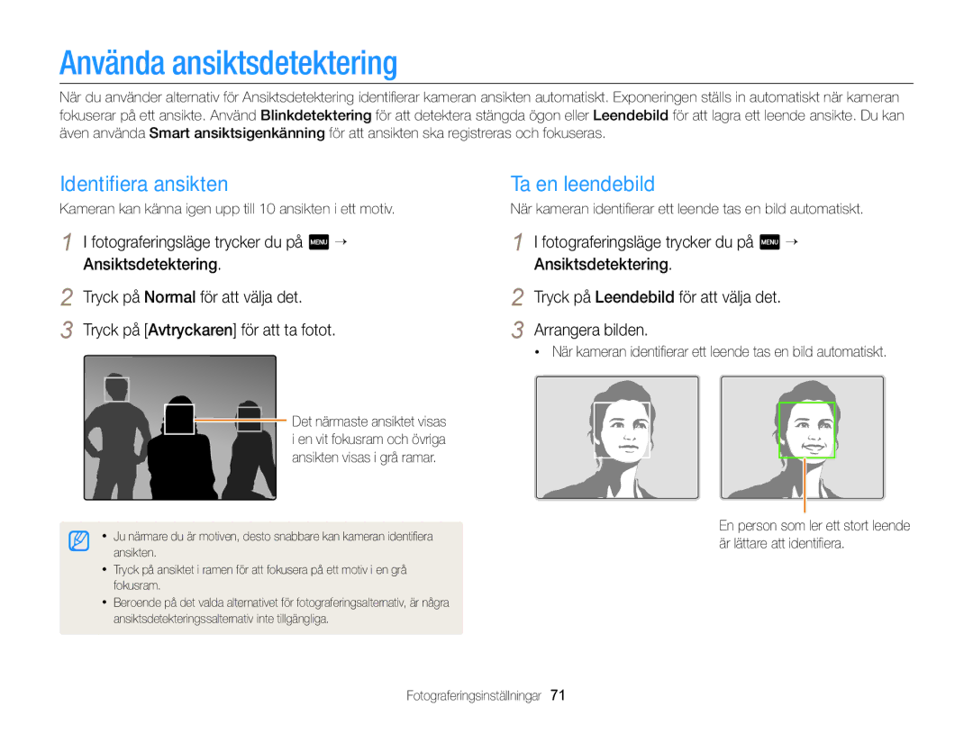 Samsung EC-MV900FBPBE2, EC-MV900FBPWE2 manual Använda ansiktsdetektering, Identiﬁera ansikten, Ta en leendebild 