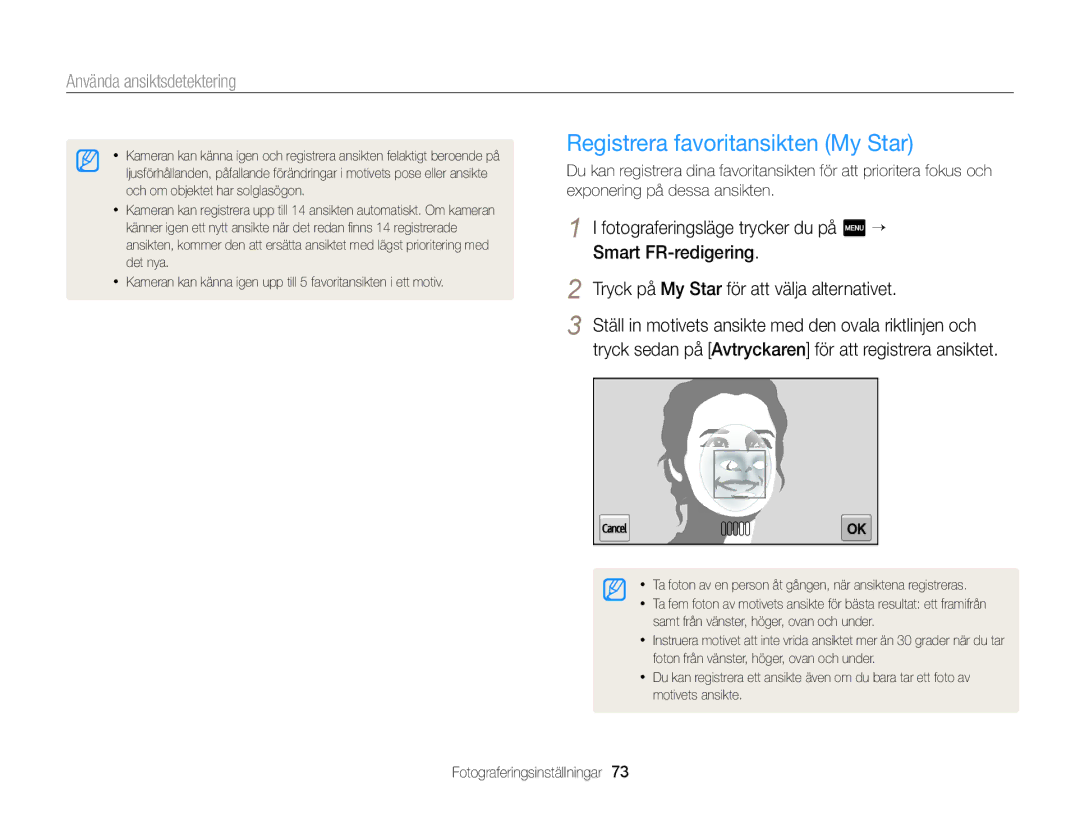 Samsung EC-MV900FBPBE2, EC-MV900FBPWE2 manual Registrera favoritansikten My Star 