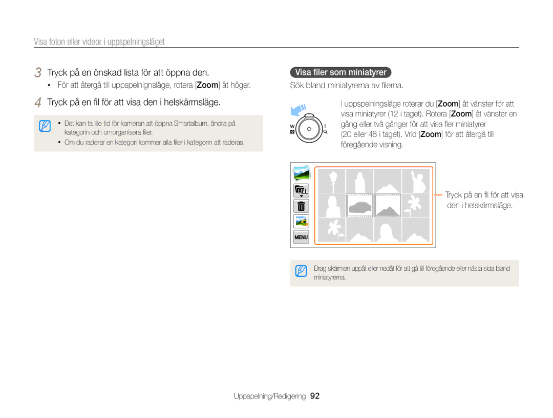 Samsung EC-MV900FBPWE2 manual Tryck på en önskad lista för att öppna den, Tryck på en ﬁl för att visa den i helskärmsläge 