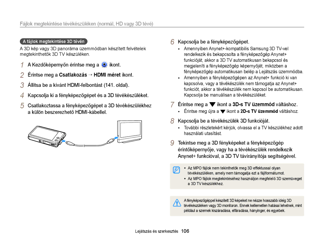 Samsung EC-MV900FBPPE3, EC-MV900FBPBE3 manual Kapcsolja be a tévékészülék 3D funkcióját, Fájlok megtekintése 3D tévén 