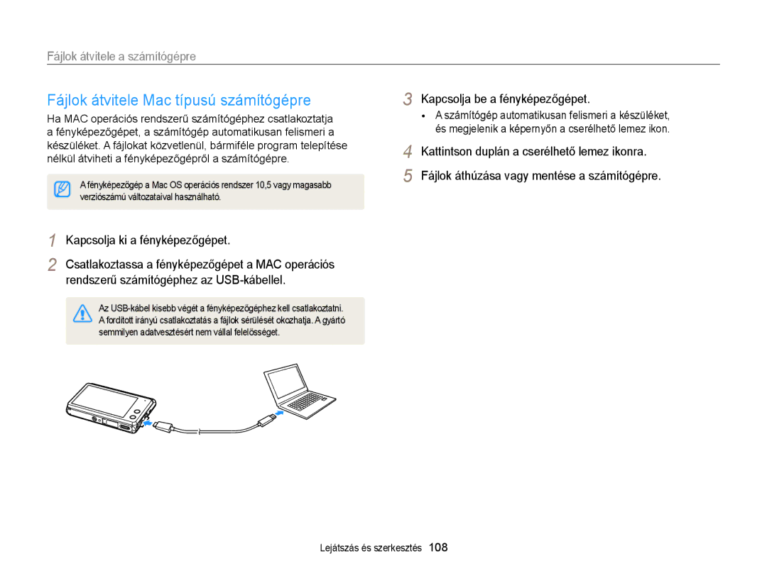 Samsung EC-MV900FBPWE3, EC-MV900FBPBE3 manual Fájlok átvitele Mac típusú számítógépre, Fájlok átvitele a számítógépre 