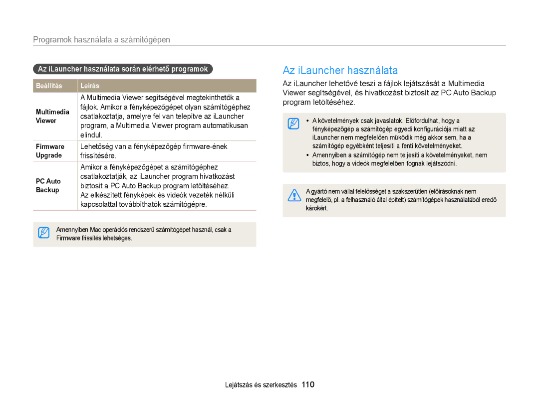 Samsung EC-MV900FBPPE3, EC-MV900FBPBE3, EC-MV900FBPWE3 manual Az iLauncher használata, Programok használata a számítógépen 