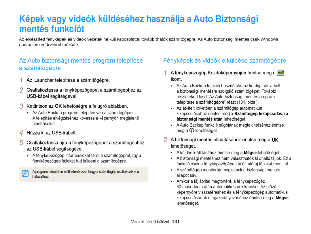 Samsung EC-MV900FBPBE3, EC-MV900FBPWE3 manual Az Auto biztonsági mentés program telepítése a számítógépre, Hálózathoz 