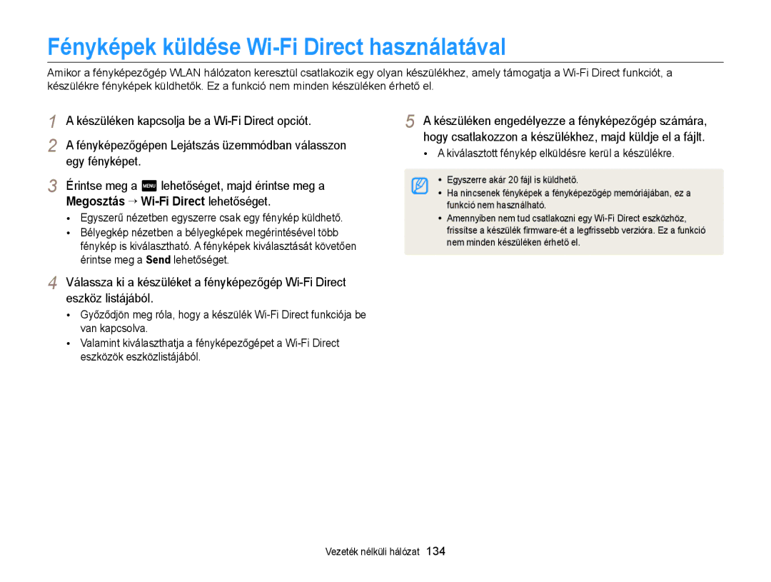 Samsung EC-MV900FBPPE3 manual Fényképek küldése Wi-Fi Direct használatával, Készüléken kapcsolja be a Wi-Fi Direct opciót 