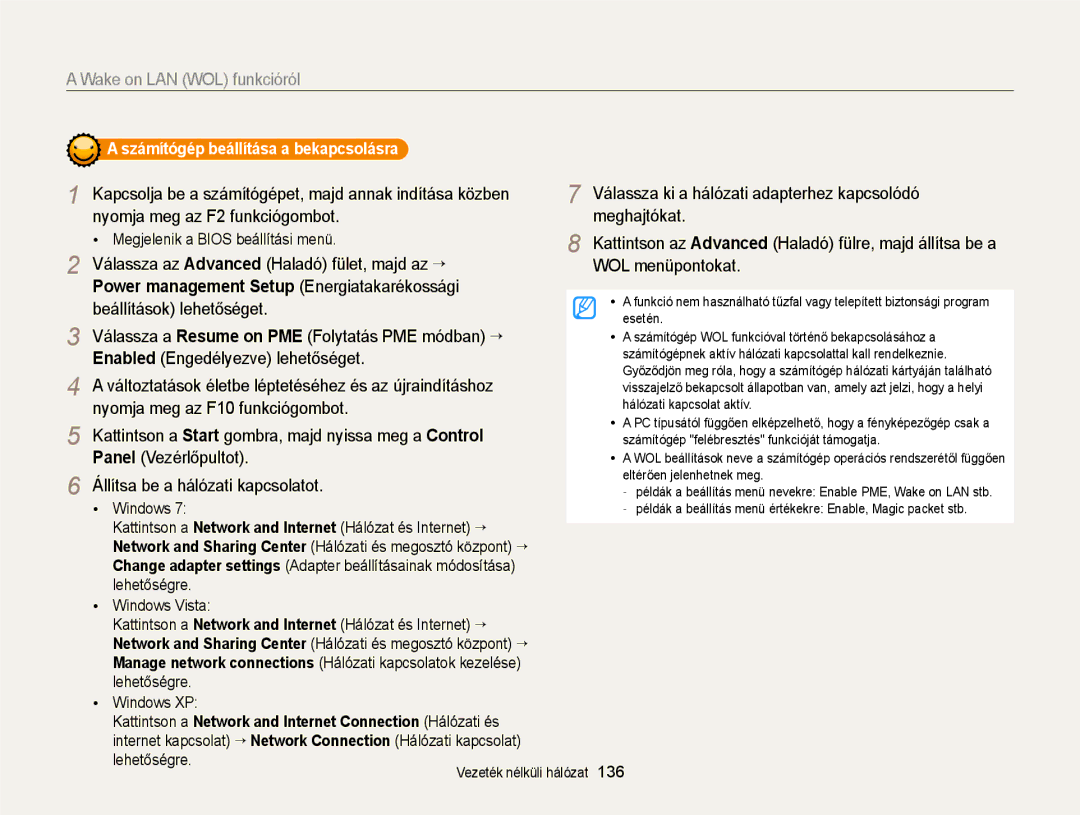 Samsung EC-MV900FBPWE3, EC-MV900FBPBE3, EC-MV900FBPWE2, EC-MV900FBPPE3 manual Wake on LAN WOL funkcióról 