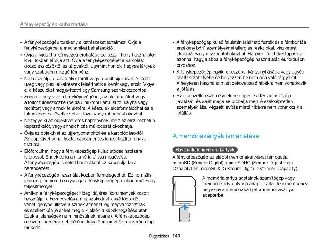 Samsung EC-MV900FBPWE2, EC-MV900FBPBE3, EC-MV900FBPWE3 manual Memóriakártyák ismertetése, Használható memóriakártyák 