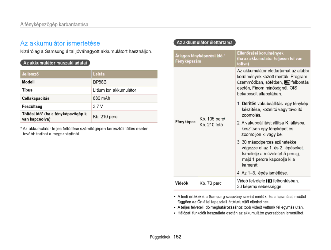 Samsung EC-MV900FBPWE3 Az akkumulátor ismertetése, Az akkumulátor műszaki adatai, Lítium ion akkumulátor, 880 mAh, Kb perc 