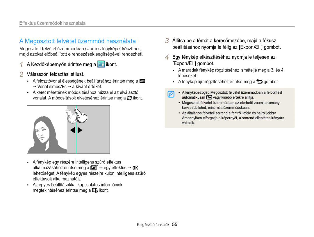 Samsung EC-MV900FBPBE3, EC-MV900FBPWE3 manual Megosztott felvétel üzemmód használata, Válasszon felosztási stílust, Változik 