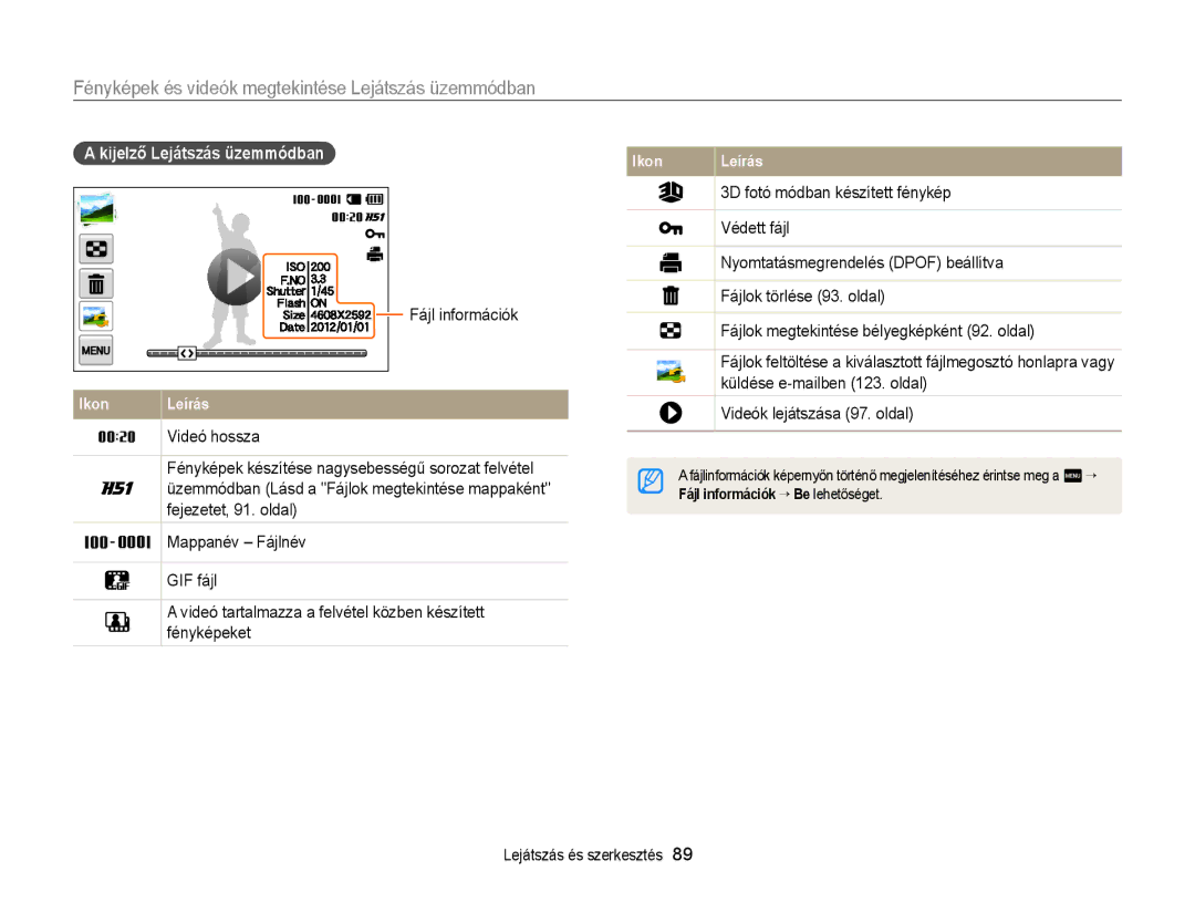 Samsung EC-MV900FBPWE2 manual Kijelző Lejátszás üzemmódban, Videók lejátszása 97. oldal, Fájl információk “ Be lehetőséget 