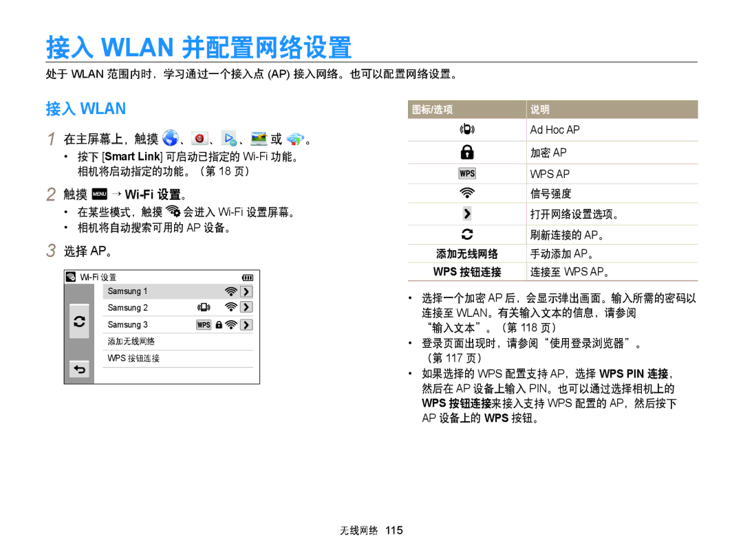 Samsung EC-MV900FBPBE3 manual 接入 Wlan 并配置网络设置, 在主屏幕上，触摸 、 、 、 或 。, 选择 Ap。, 在某些模式，触摸 会进入 Wi-Fi设置屏幕。 相机将自动搜索可用的 AP 设备。 