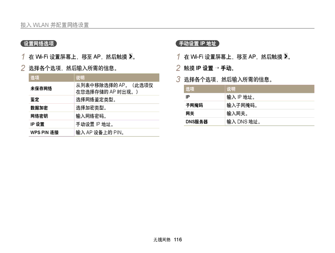 Samsung EC-MV900FBPWE3 manual 接入 Wlan 并配置网络设置, Wi-Fi设置屏幕上，移至 AP，然后触摸 。 选择各个选项，然后输入所需的信息。 触摸 IP 设置 → 手动。, 设置网络选项手动设置 Ip 地址 