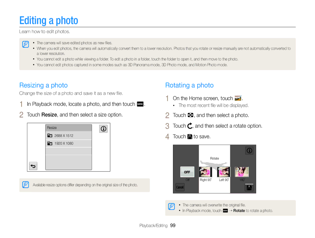 Samsung EC-MV900FBPBUS Editing a photo, Resizing a photo, Rotating a photo, Touch Then select a photo, Touch To save 