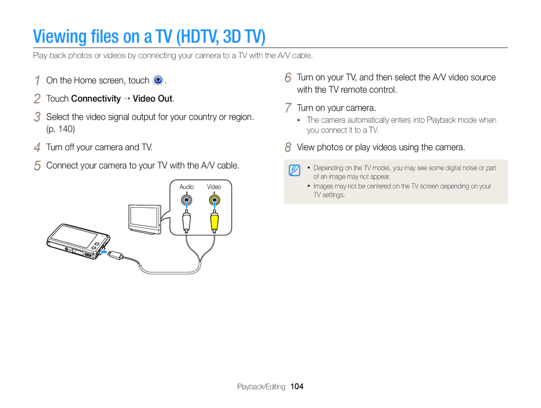 Samsung EC-MV900FBPBCA-W, EC-MV900FBPBUS Viewing ﬁles on a TV HDTV, 3D TV, View photos or play videos using the camera 