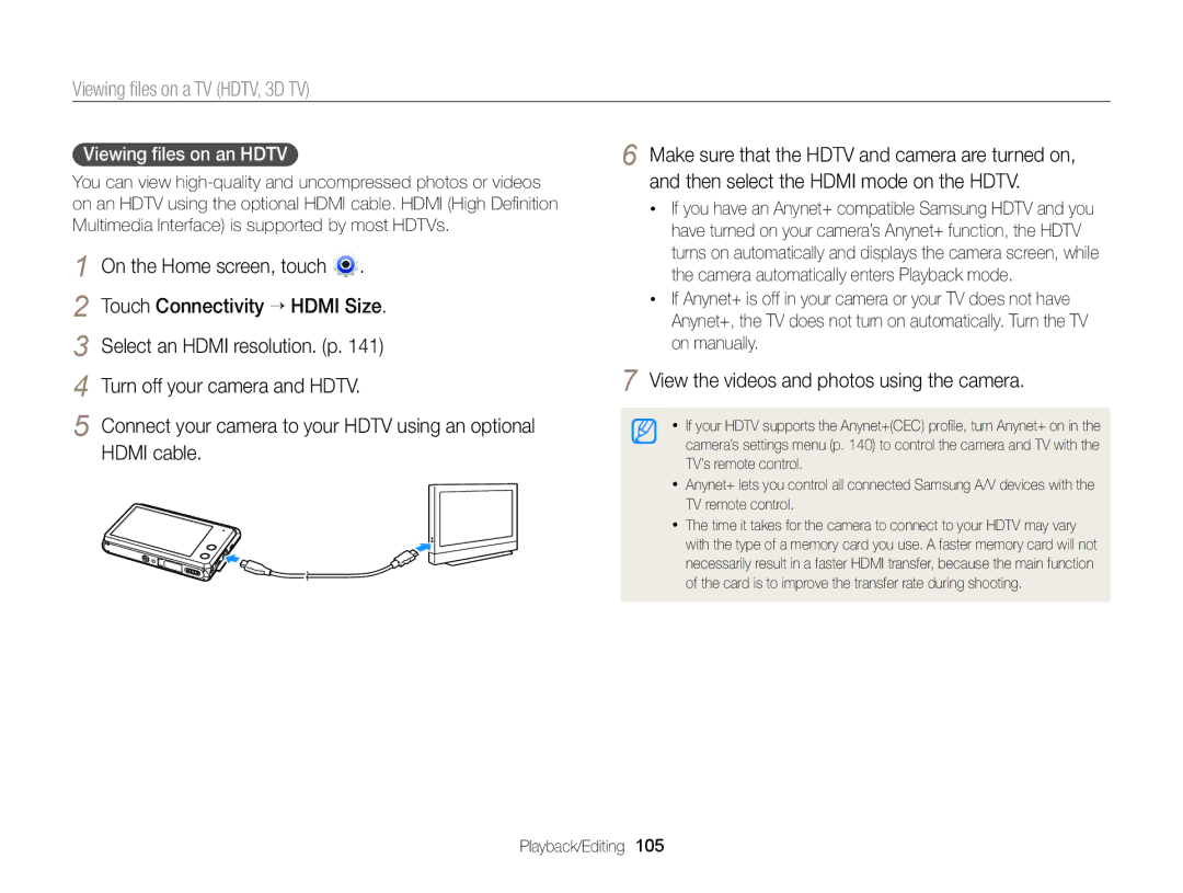 Samsung EC-MV900FBPBUS, EC-MV900FBPBCA-W appendix Viewing ﬁles on a TV HDTV, 3D TV 