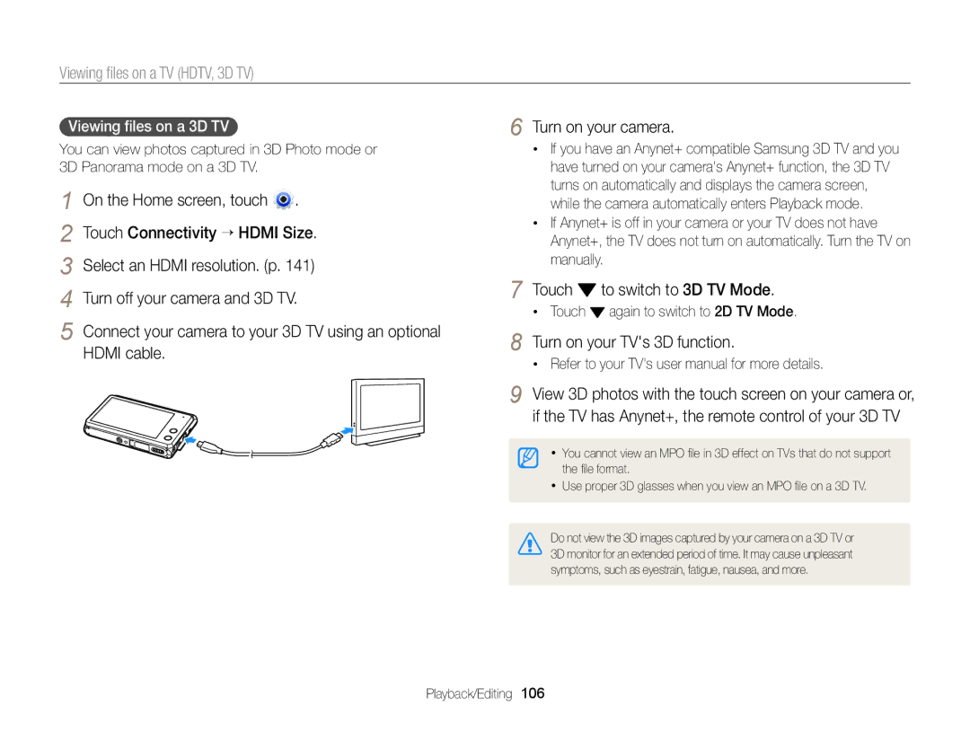 Samsung EC-MV900FBPBCA-W, EC-MV900FBPBUS appendix Turn on your TVs 3D function, Viewing ﬁles on a 3D TV, Manually 