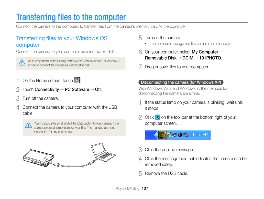 Samsung EC-MV900FBPBUS, EC-MV900FBPBCA-W Transferring ﬁles to the computer, Transferring ﬁles to your Windows OS computer 