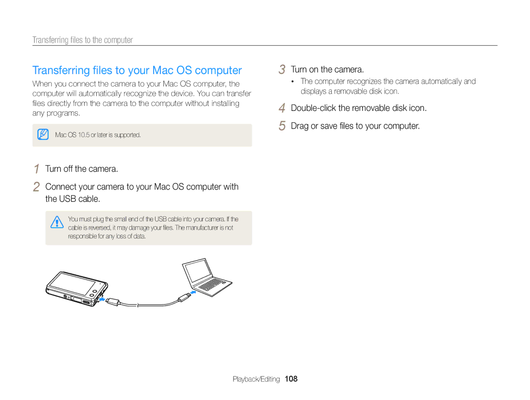 Samsung EC-MV900FBPBCA-W, EC-MV900FBPBUS Transferring ﬁles to your Mac OS computer, Transferring ﬁles to the computer 