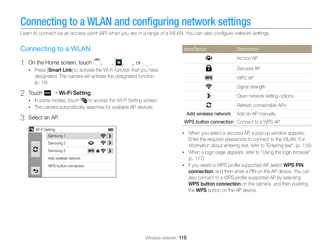 Samsung EC-MV900FBPBUS appendix Connecting to a Wlan and conﬁguring network settings, On the Home screen, touch , , , , or 