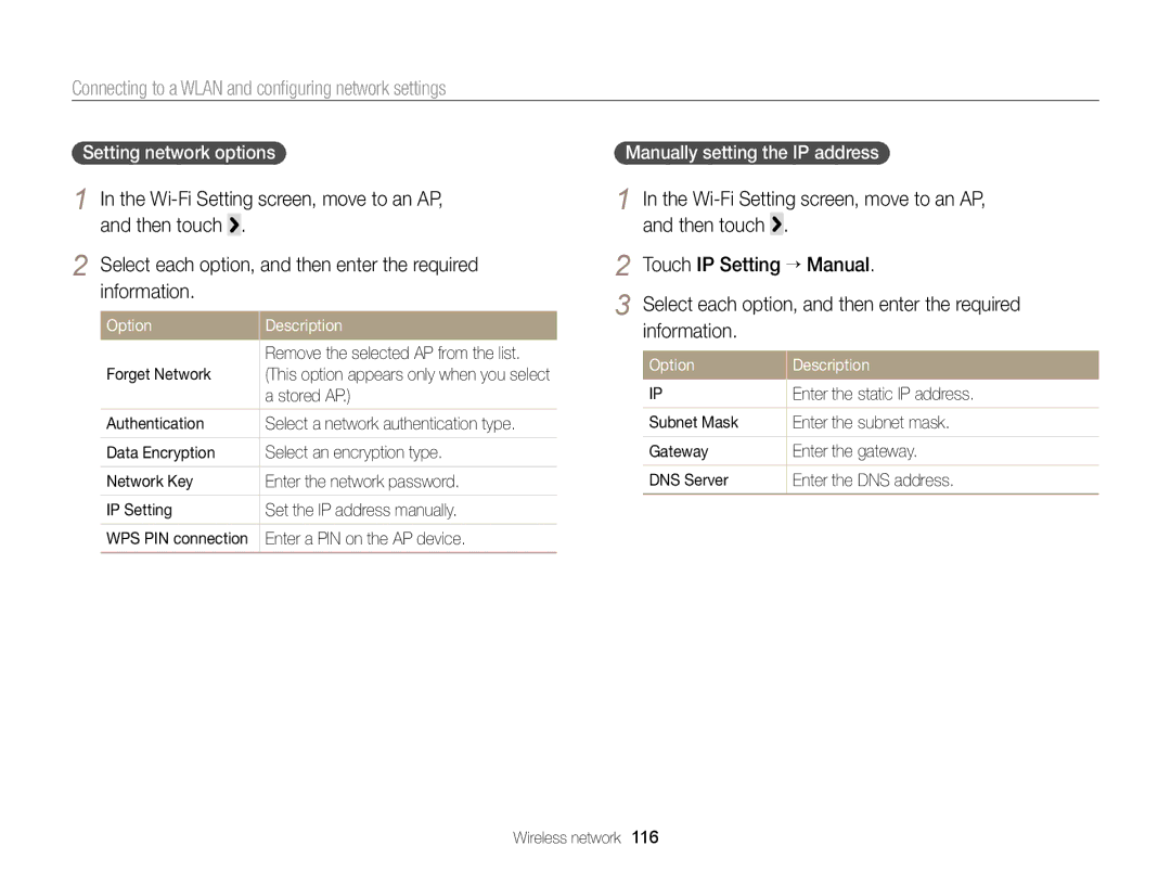 Samsung EC-MV900FBPBCA-W appendix Connecting to a Wlan and conﬁguring network settings, Wi-Fi Setting screen, move to an AP 