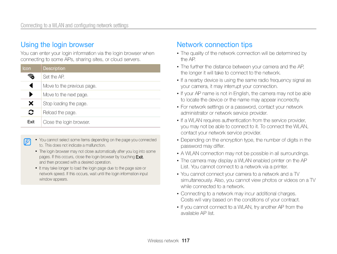 Samsung EC-MV900FBPBUS, EC-MV900FBPBCA-W appendix Using the login browser, Network connection tips 