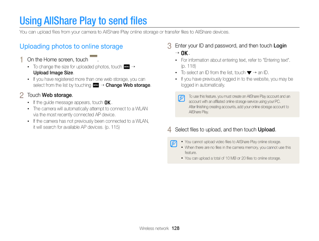 Samsung EC-MV900FBPBCA-W appendix Using AllShare Play to send ﬁles, Uploading photos to online storage, Touch Web storage 