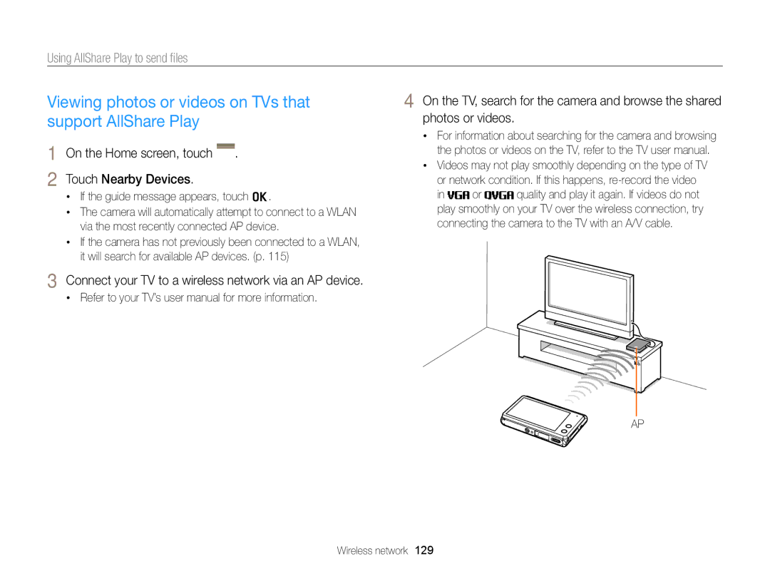 Samsung EC-MV900FBPBUS Viewing photos or videos on TVs that support AllShare Play, Using AllShare Play to send ﬁles 