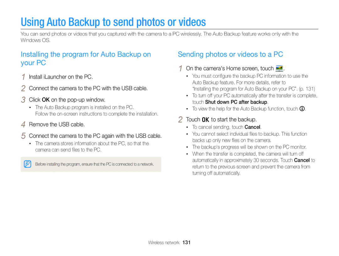 Samsung EC-MV900FBPBUS Using Auto Backup to send photos or videos, Installing the program for Auto Backup on your PC 