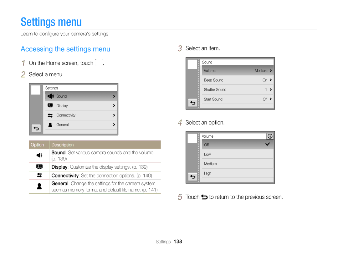 Samsung EC-MV900FBPBCA-W appendix Settings menu, Accessing the settings menu, On the Home screen, touch Select a menu 