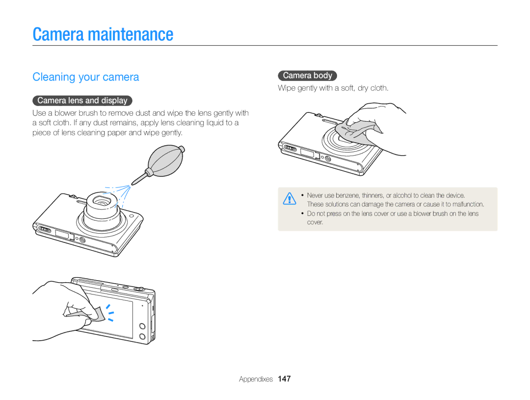 Samsung EC-MV900FBPBUS, EC-MV900FBPBCA-W Camera maintenance, Cleaning your camera, Camera lens and display, Camera body 