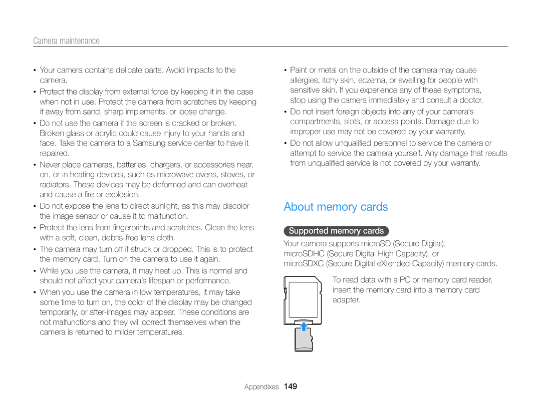 Samsung EC-MV900FBPBUS, EC-MV900FBPBCA-W appendix About memory cards, Supported memory cards 