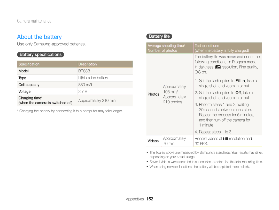 Samsung EC-MV900FBPBCA-W, EC-MV900FBPBUS appendix About the battery, Battery speciﬁcations, Battery life 