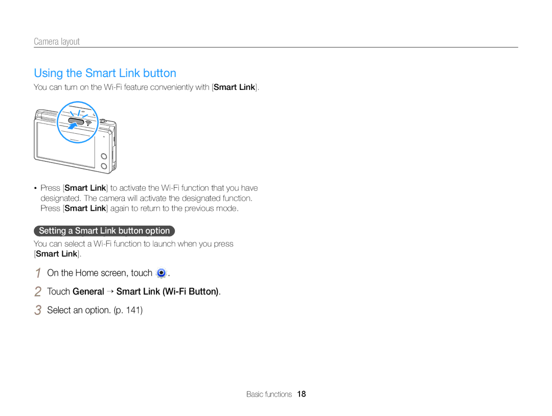 Samsung EC-MV900FBPBCA-W, EC-MV900FBPBUS Using the Smart Link button, On the Home screen, touch, Select an option. p 