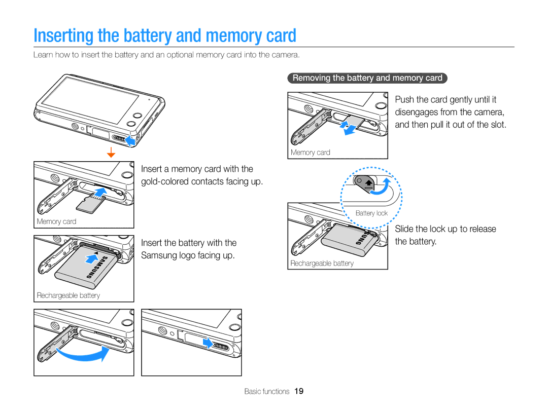 Samsung EC-MV900FBPBUS appendix Inserting the battery and memory card, Battery, Removing the battery and memory card 