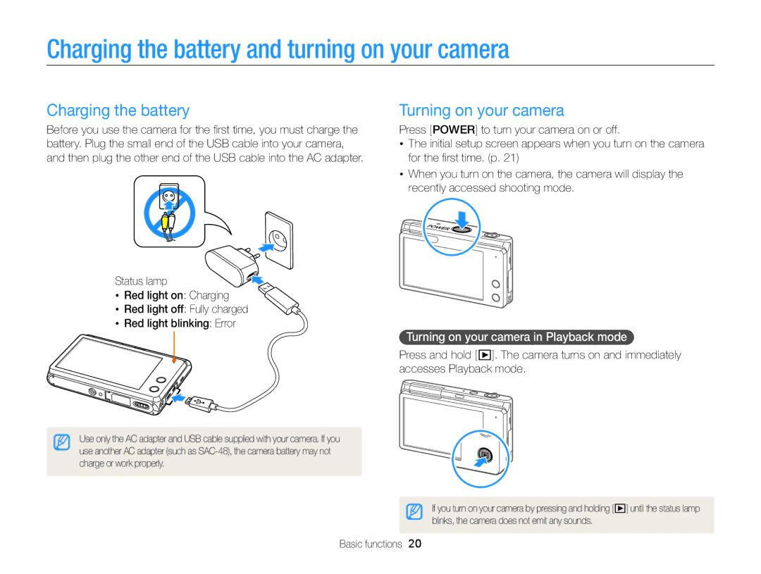 Samsung EC-MV900FBPBCA-W, EC-MV900FBPBUS appendix Charging the battery and turning on your camera, Turning on your camera 