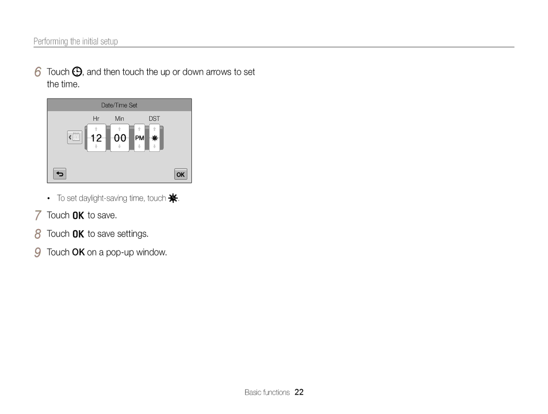 Samsung EC-MV900FBPBCA-W, EC-MV900FBPBUS appendix Performing the initial setup, To set daylight-saving time, touch 