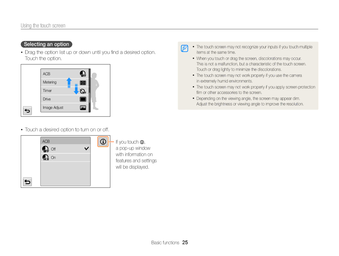 Samsung EC-MV900FBPBUS Using the touch screen, Selecting an option, Touch a desired option to turn on or off, If you touch 