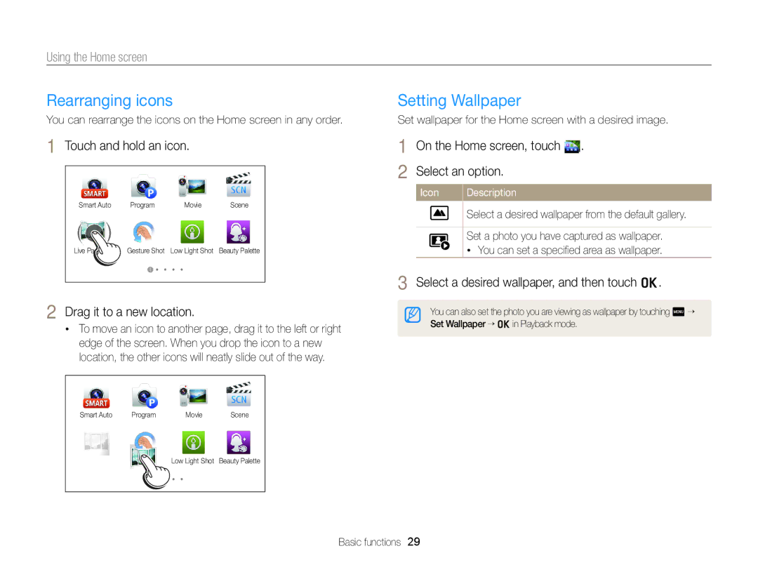 Samsung EC-MV900FBPBUS, EC-MV900FBPBCA-W appendix Rearranging icons, Setting Wallpaper 