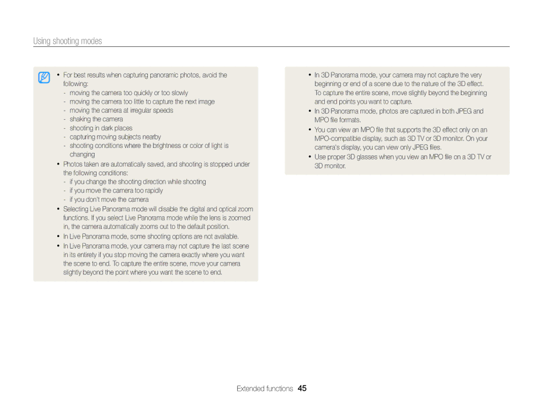 Samsung EC-MV900FBPBUS, EC-MV900FBPBCA-W appendix Live Panorama mode, some shooting options are not available 