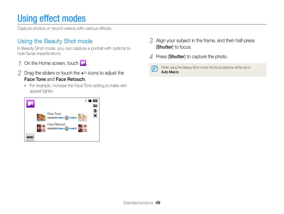 Samsung EC-MV900FBPBUS, EC-MV900FBPBCA-W appendix Using effect modes, Using the Beauty Shot mode, Face Tone and Face Retouch 