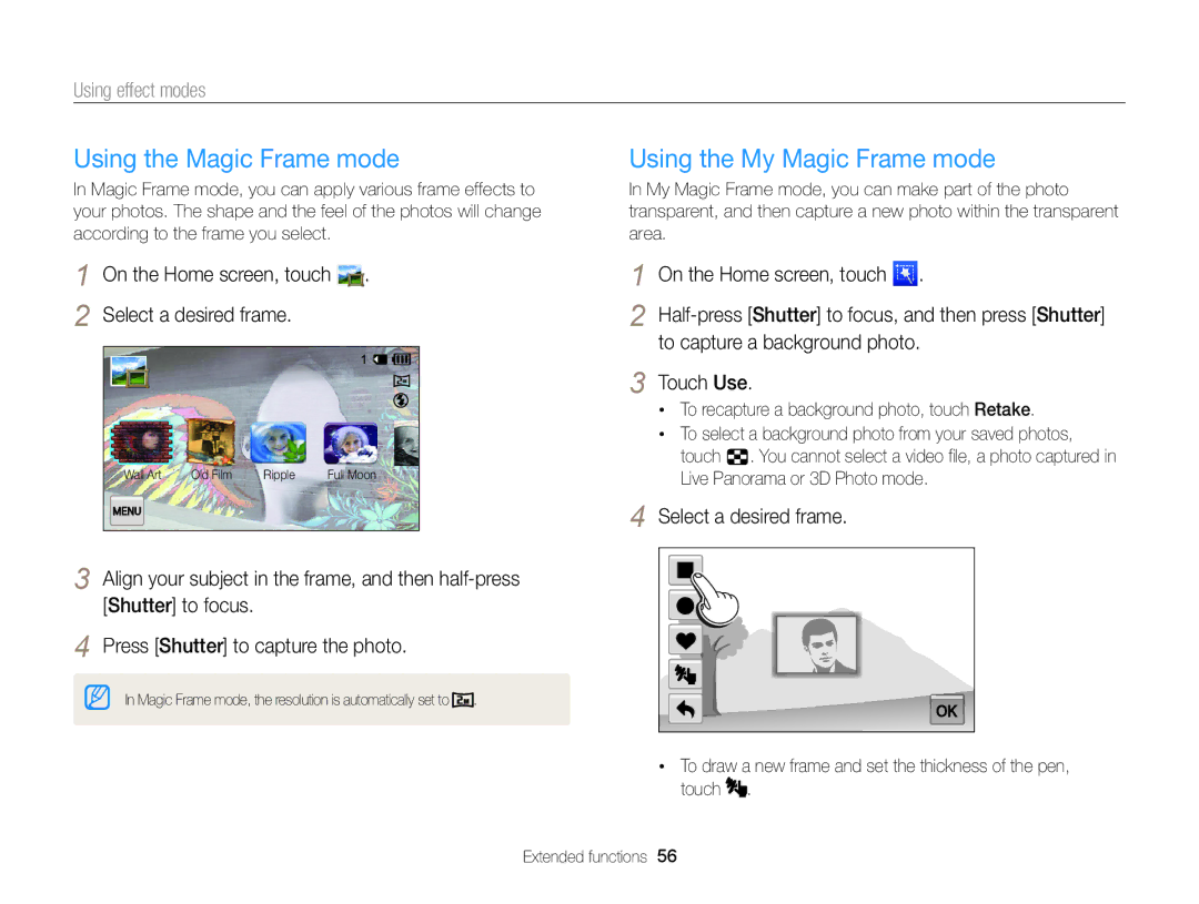 Samsung EC-MV900FBPBCA-W, EC-MV900FBPBUS appendix Using the Magic Frame mode, Using the My Magic Frame mode, Touch Use 