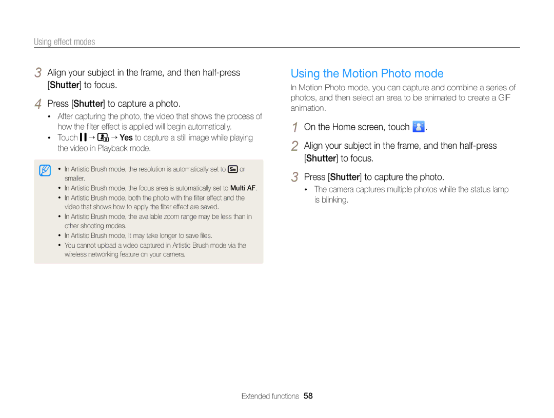 Samsung EC-MV900FBPBCA-W, EC-MV900FBPBUS Using the Motion Photo mode, Shutter to focus Press Shutter to capture the photo 