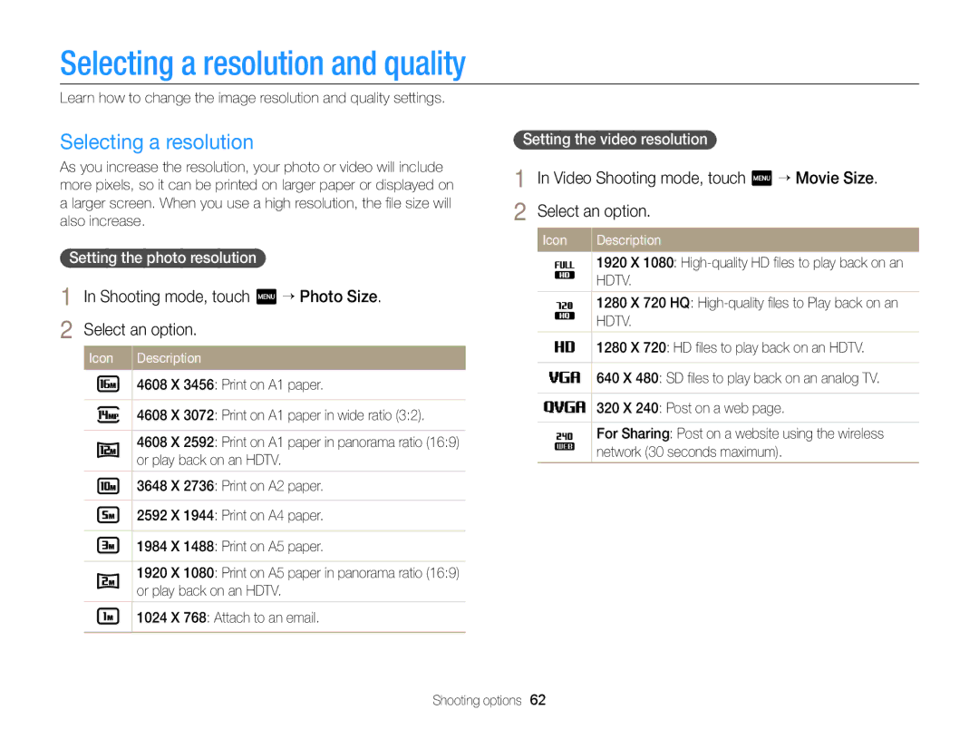 Samsung EC-MV900FBPBCA-W appendix Selecting a resolution and quality, Shooting mode, touch m “ Photo Size Select an option 