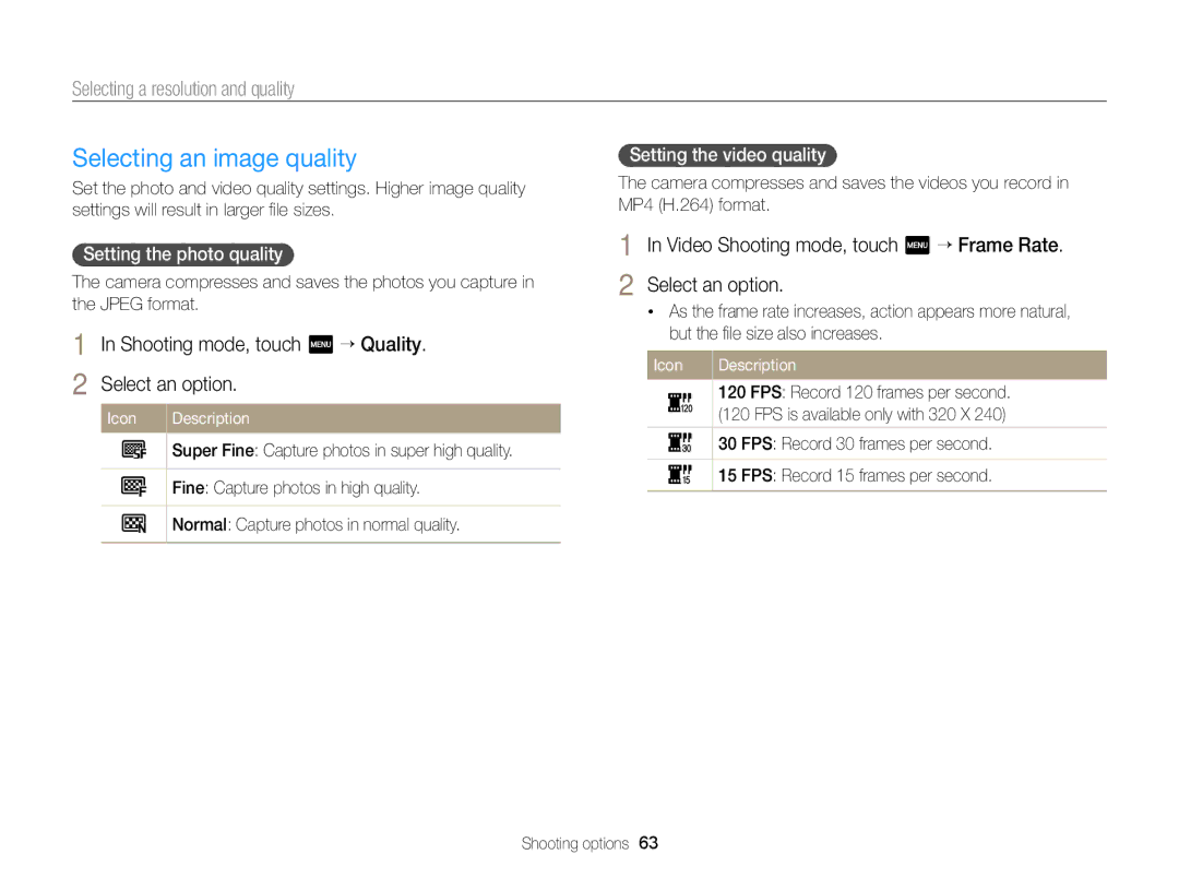 Samsung EC-MV900FBPBUS, EC-MV900FBPBCA-W appendix Selecting an image quality, Selecting a resolution and quality 