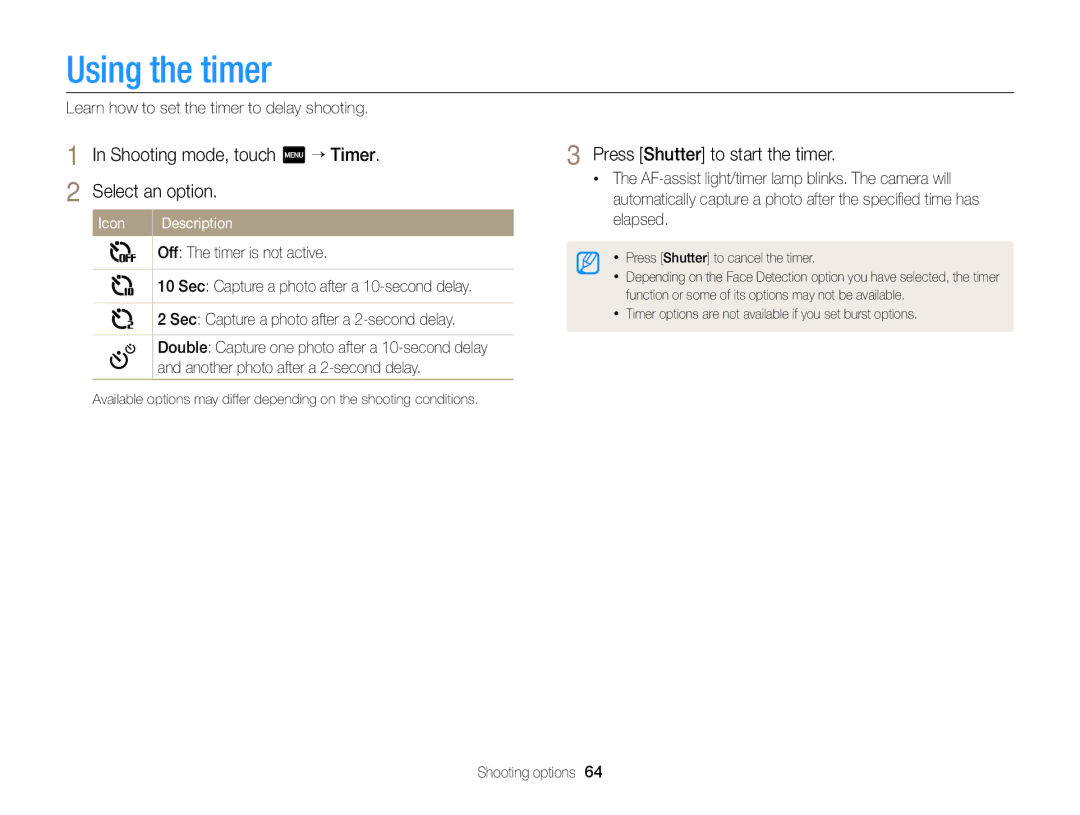 Samsung EC-MV900FBPBCA-W, EC-MV900FBPBUS appendix Using the timer, Shooting mode, touch m “ Timer Select an option 