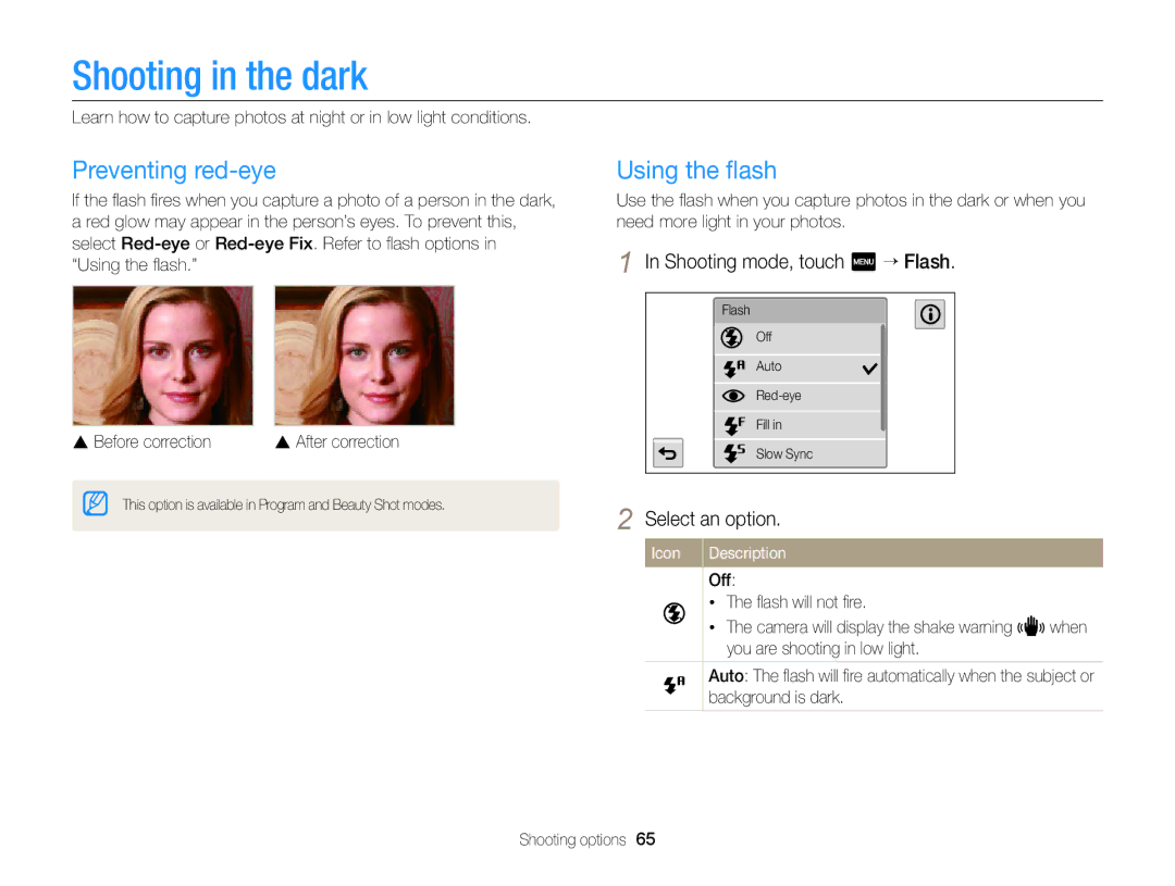 Samsung EC-MV900FBPBUS appendix Shooting in the dark, Preventing red-eye, Using the ﬂash, Shooting mode, touch m “ Flash 