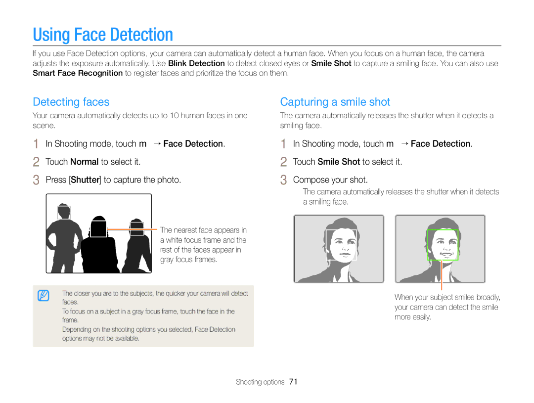 Samsung EC-MV900FBPBUS, EC-MV900FBPBCA-W appendix Using Face Detection, Detecting faces, Capturing a smile shot 