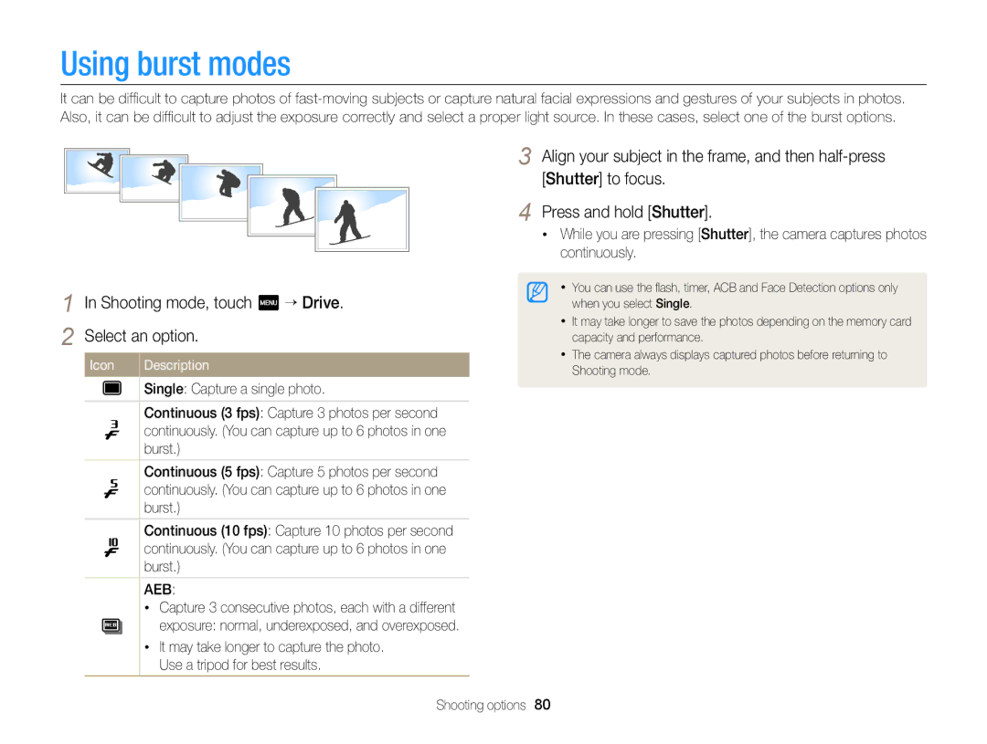 Samsung EC-MV900FBPBCA-W, EC-MV900FBPBUS appendix Using burst modes, Shooting mode, touch m “ Drive Select an option 